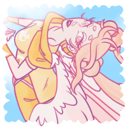 heli is leaned back towards the camera in a cloudy sky, her wings stretched out behind her. she is in her god tier rogue of hope outfit.